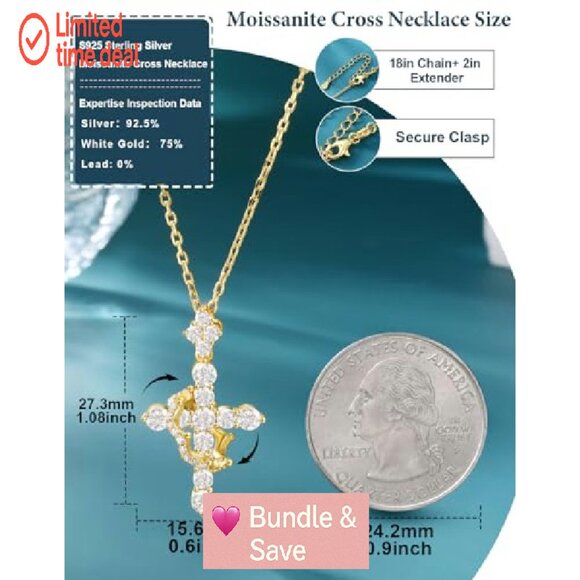 Moissanite Cross Pendant Necklace 14K Gold Vermeil 1.1 Carats Sterling Silver - Picture 6 of 8